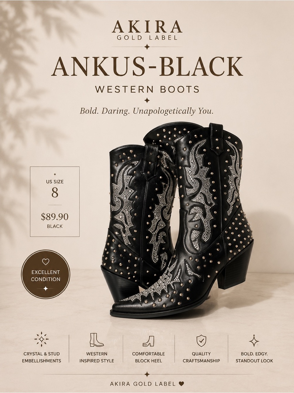 AKIRA Black Western Studded Boot with Crystal Embellishments